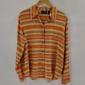 Liz Claiborne Women's Button Up Blouse Size 12 Tan Orange Stripe Long Sleeve